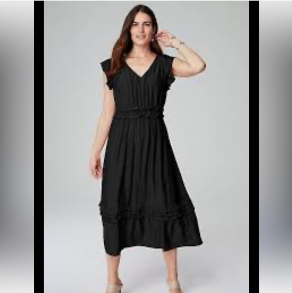 J. Jill Elevated Ruffle Trimmed Midi Dress Medium Black Peasant Style Tiered